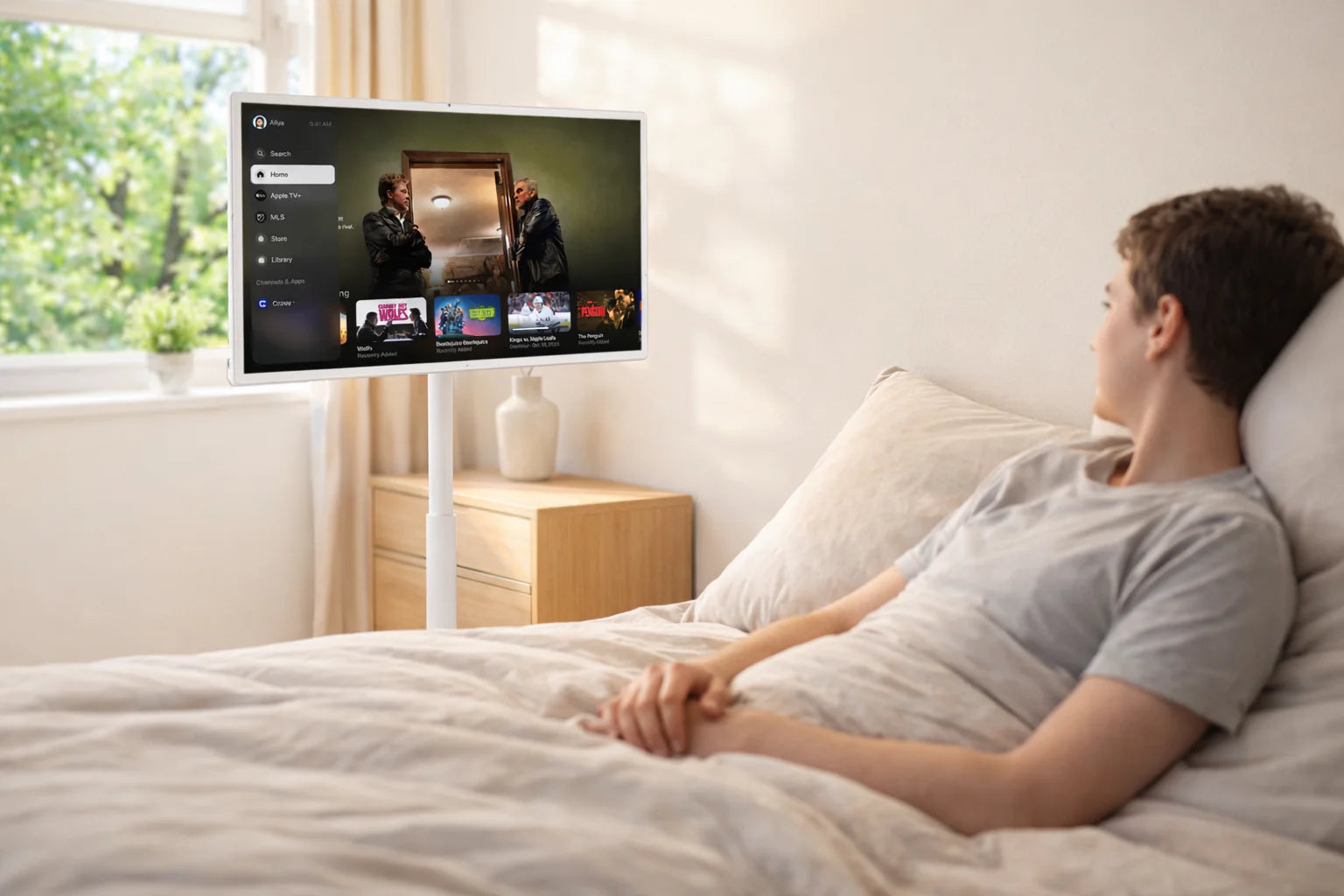 StreamSmile portable TV beside a bed