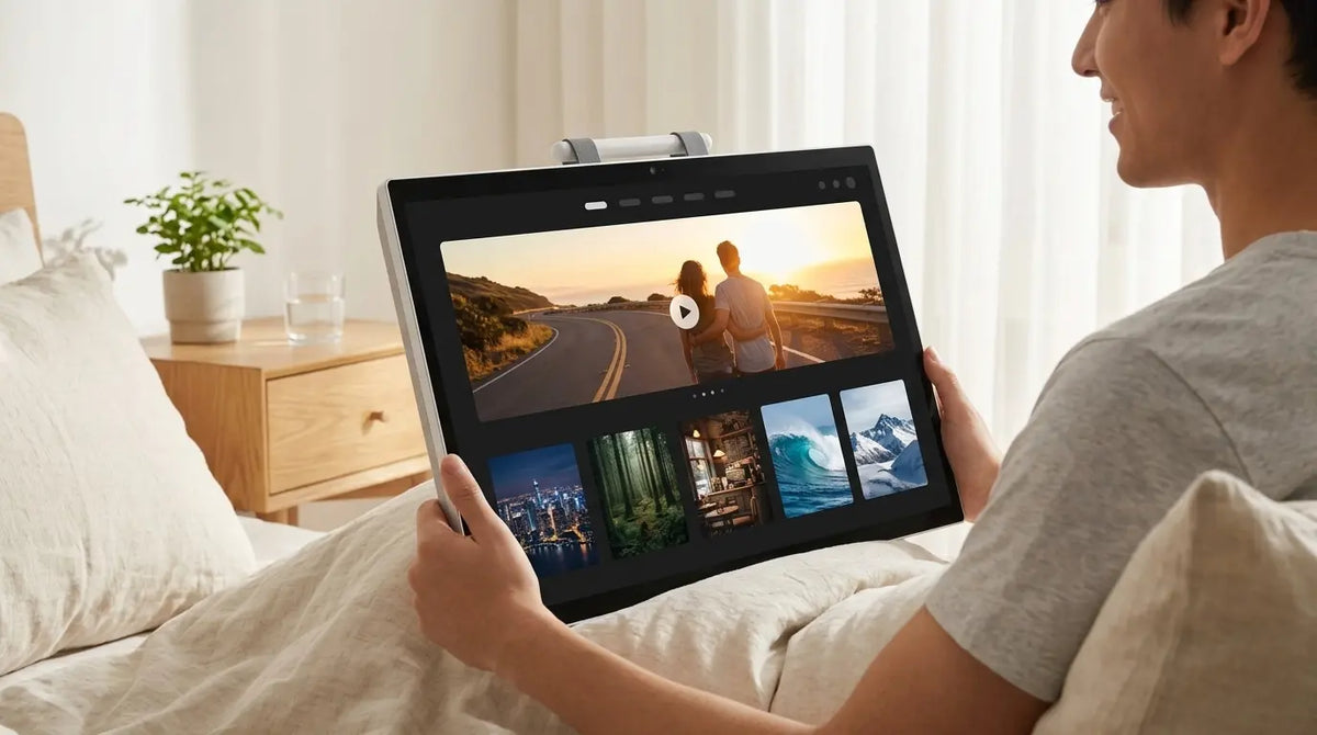 StreamSmile portable TV beside a bed